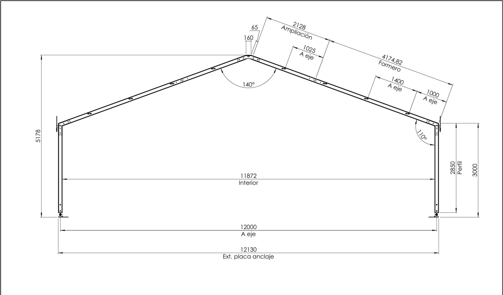 Plano acotado arco central carpa industrial 12 metros GWD