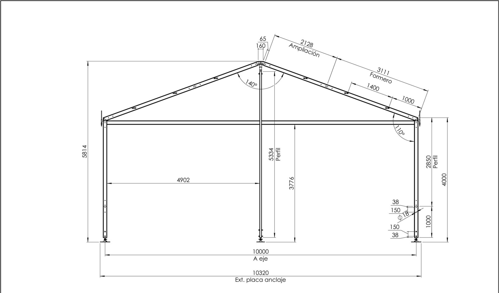 Plano acotado carpa industrial arco portada 10 metros GWD