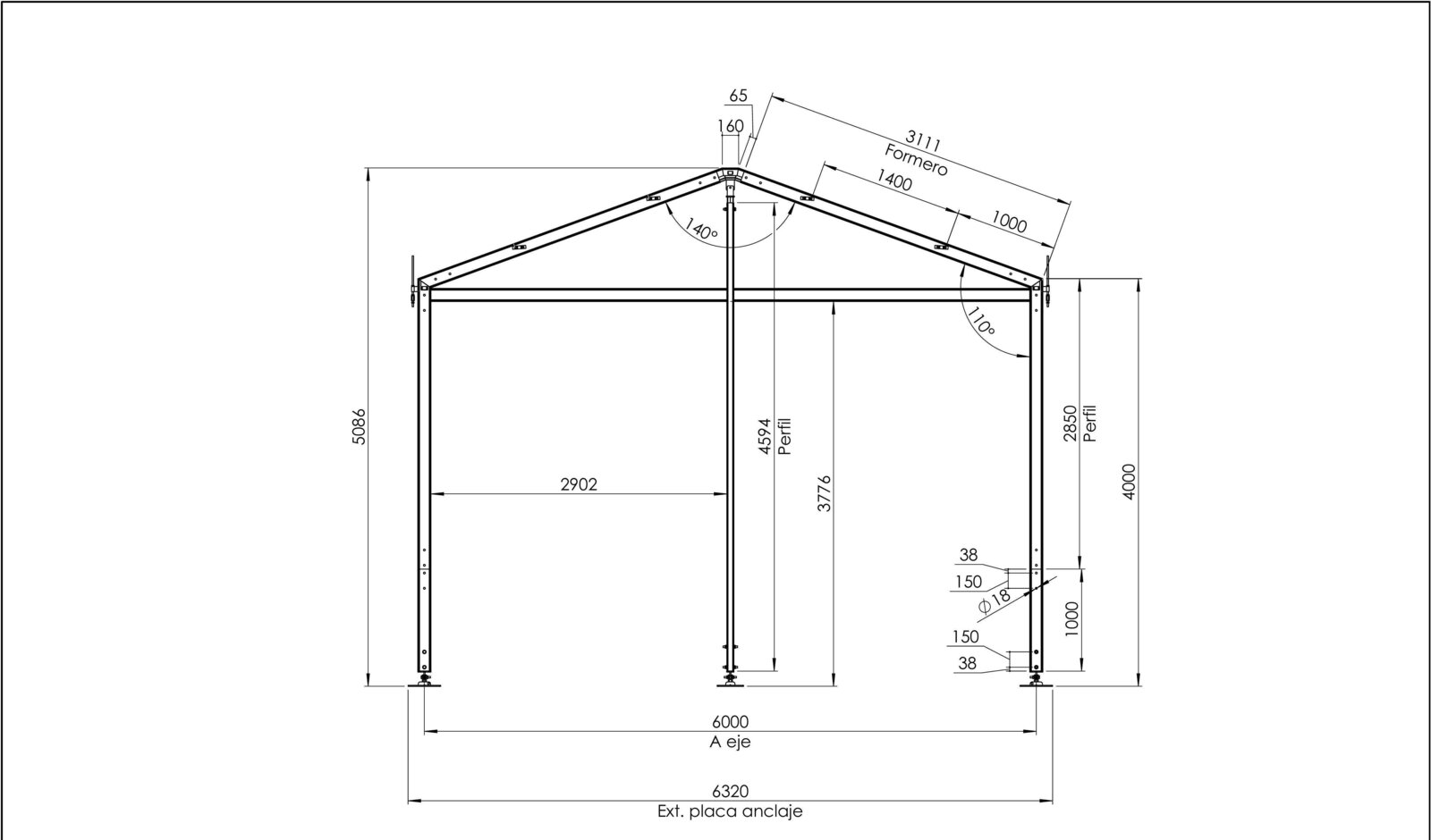 Plano acotado carpa industrial arco portada 6 metros GWD