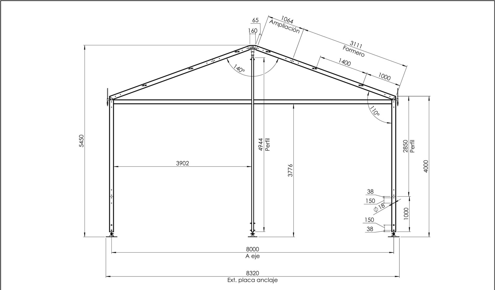 Plano acotado carpa industrial arco portada 8 metros GWD