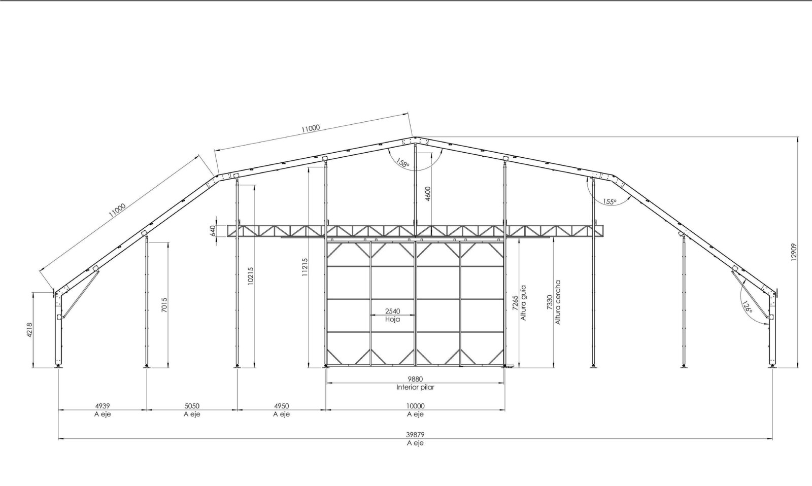Plano acotado pórtico general carpa industrial 40 metros GWD
